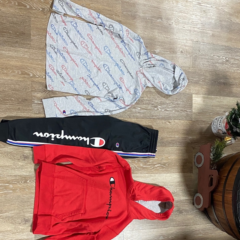 Champion Gray and Red Hoodies with Black Sweatpants